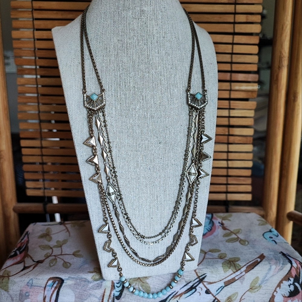 Chloe and Isabel Signed 5 Strand Chain Necklace Pyramid Design Matte Brass Tone